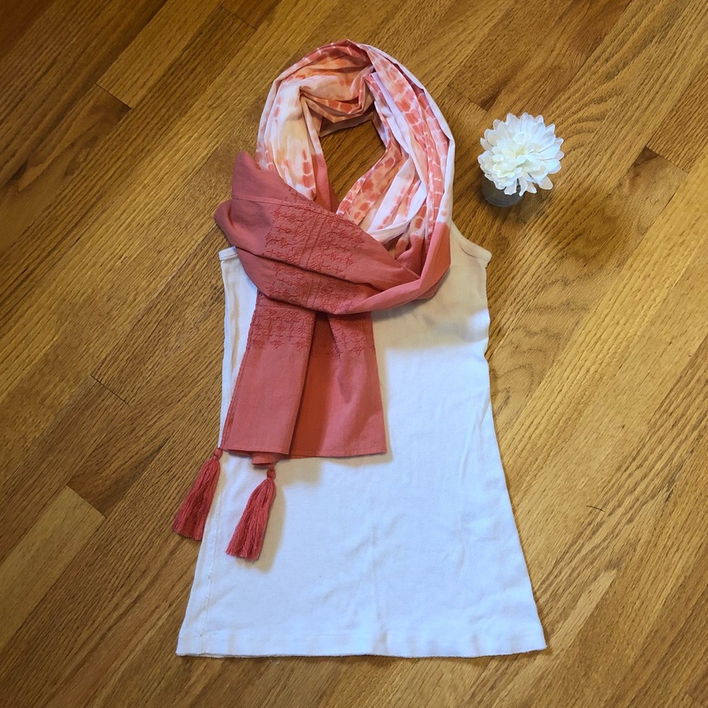 Tasseled scarf with tie-dye and embroidery accents
